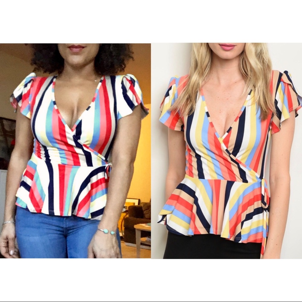 Rainbow striped wrap style top, short sleeve NEW - Picture 4 of 6